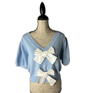 Lalavon Carolina Blue Bow Front V-Neck Puff Short-Sleeve Top Size S